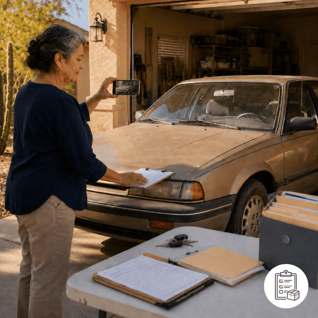 Probate assets connect to a central inventory showing descriptions, date-of-death values, ownership and encumbrances.