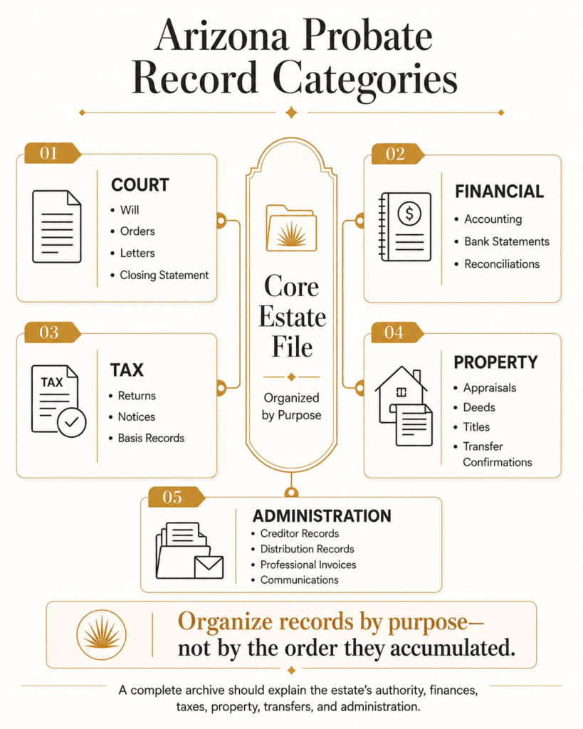 Five probate record categories covering court, financial, tax, property and estate administration documents.