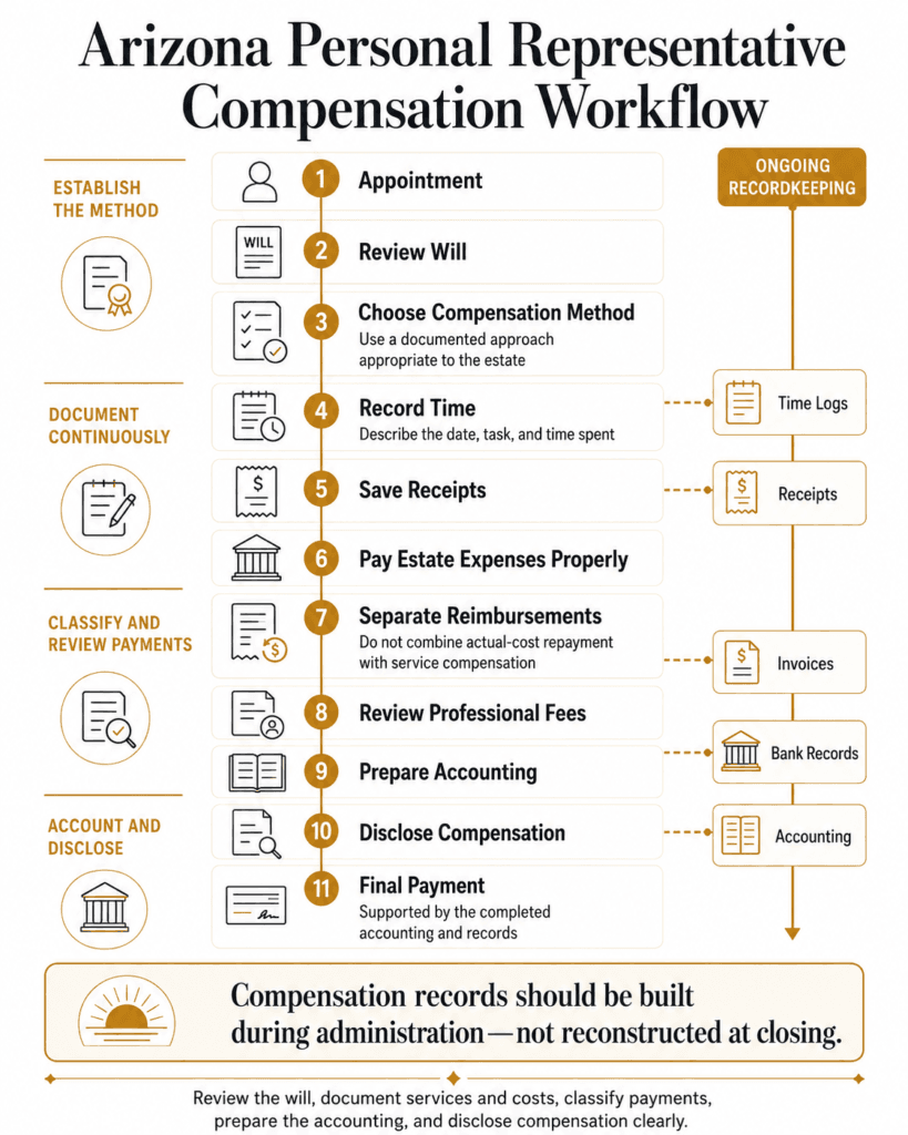 Eleven-step Arizona personal representative compensation workflow from appointment through documentation, disclosure and payment.