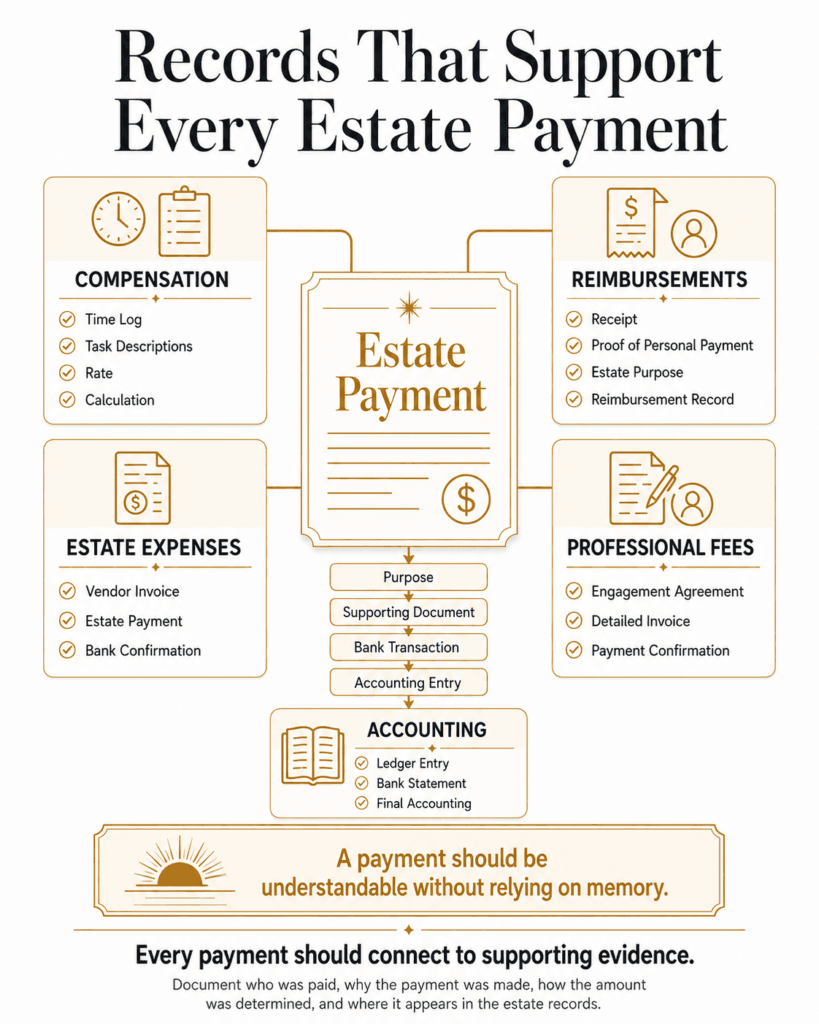 Checklist of records supporting compensation, reimbursements, estate expenses, professional fees and accounting entries.