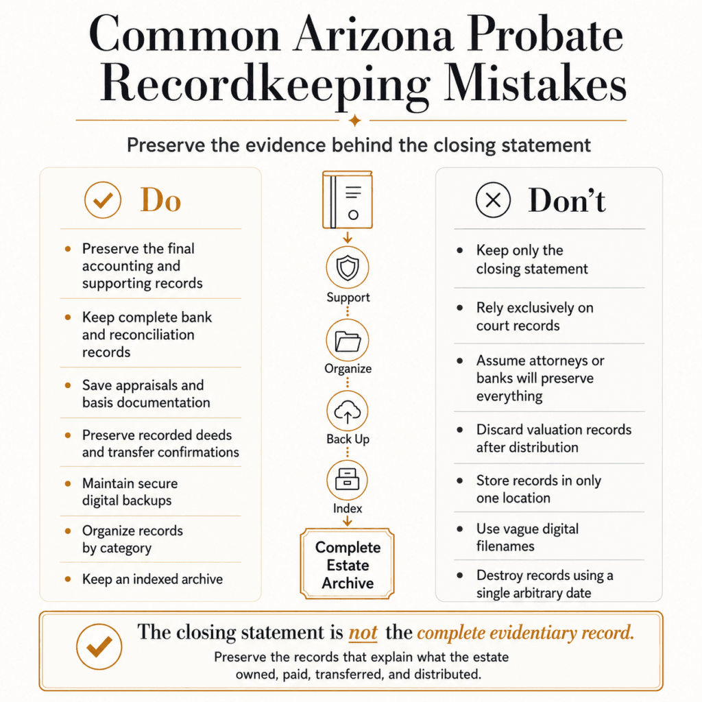 Do-and-don’t comparison for preserving probate accounting, bank, appraisal, transfer and digital archive records.