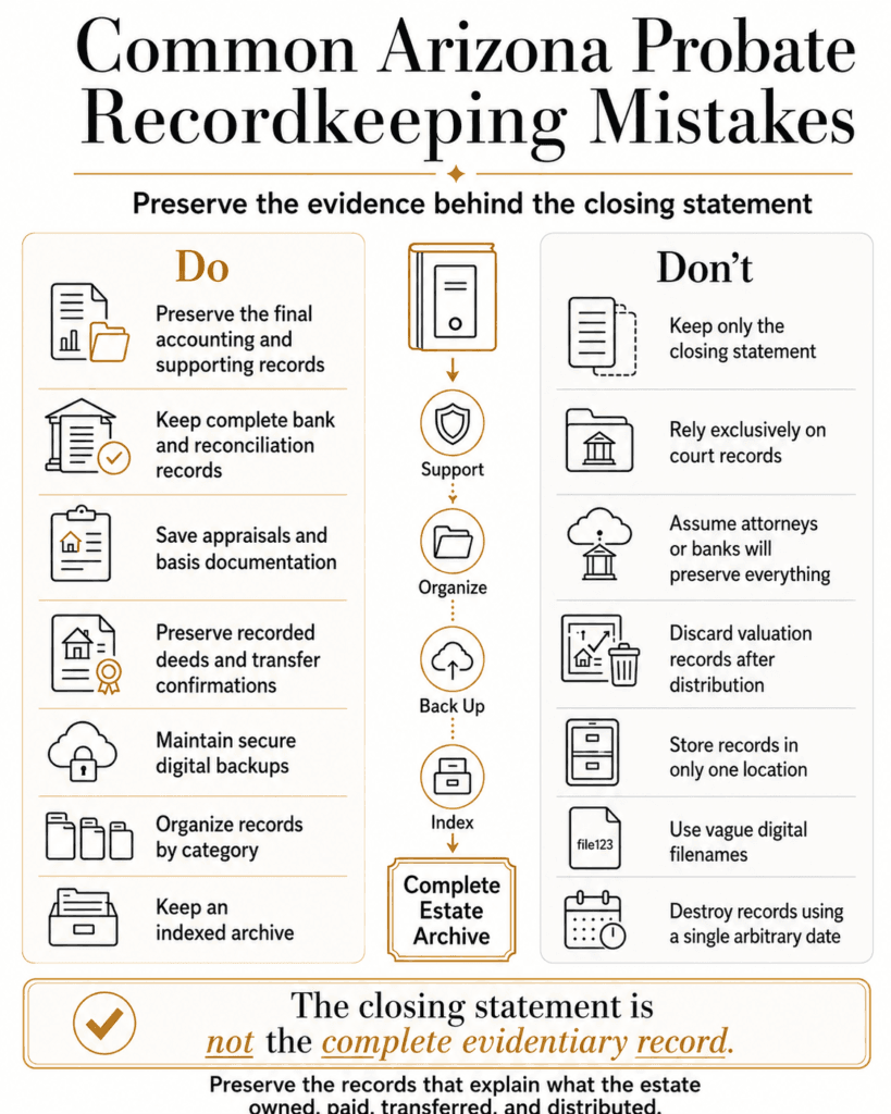 Do-and-don’t comparison for preserving probate accounting, bank, appraisal, transfer and digital archive records.